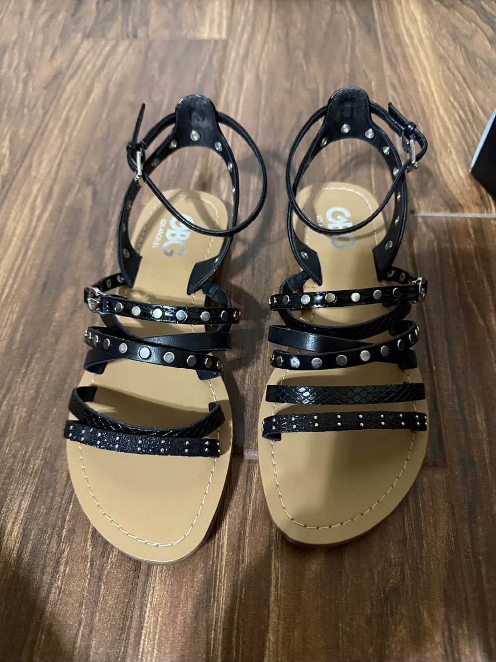 G by Guess Black Multi-Strap Studded Ankle Strap Sandals